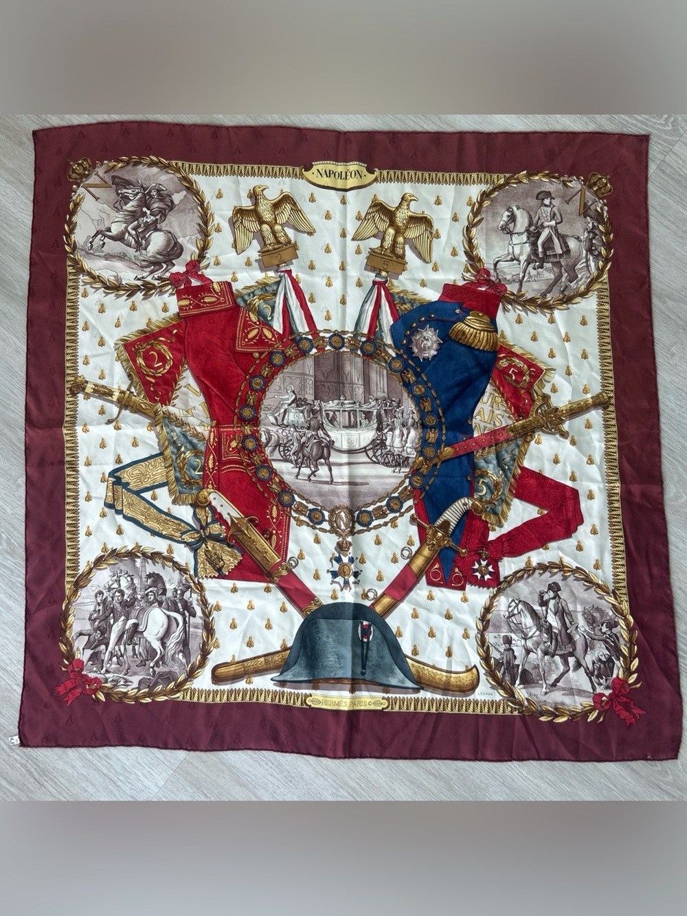 Hermès Napoléon Silk Scarf Philippe Ledoux 1963 Burgundy 34” Carre Vintage